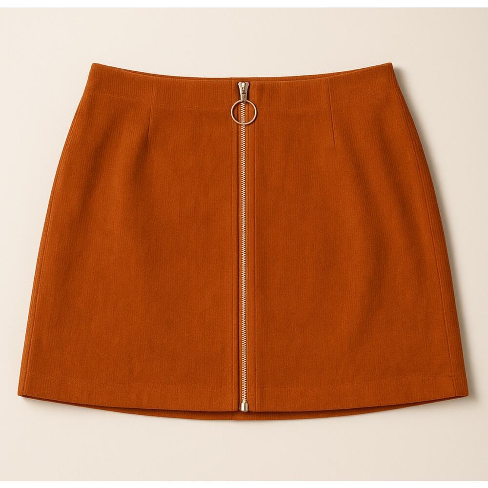 Shein Rust Corduroy Mini Skirt Size M Zip Front Fall Boho Retro 60s Mod Style